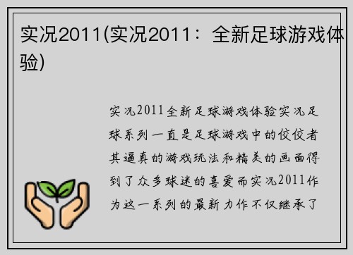 实况2011(实况2011:全新足球游戏体验)